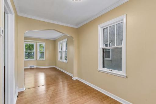 Another view of the dining room looking out onto the bay window.