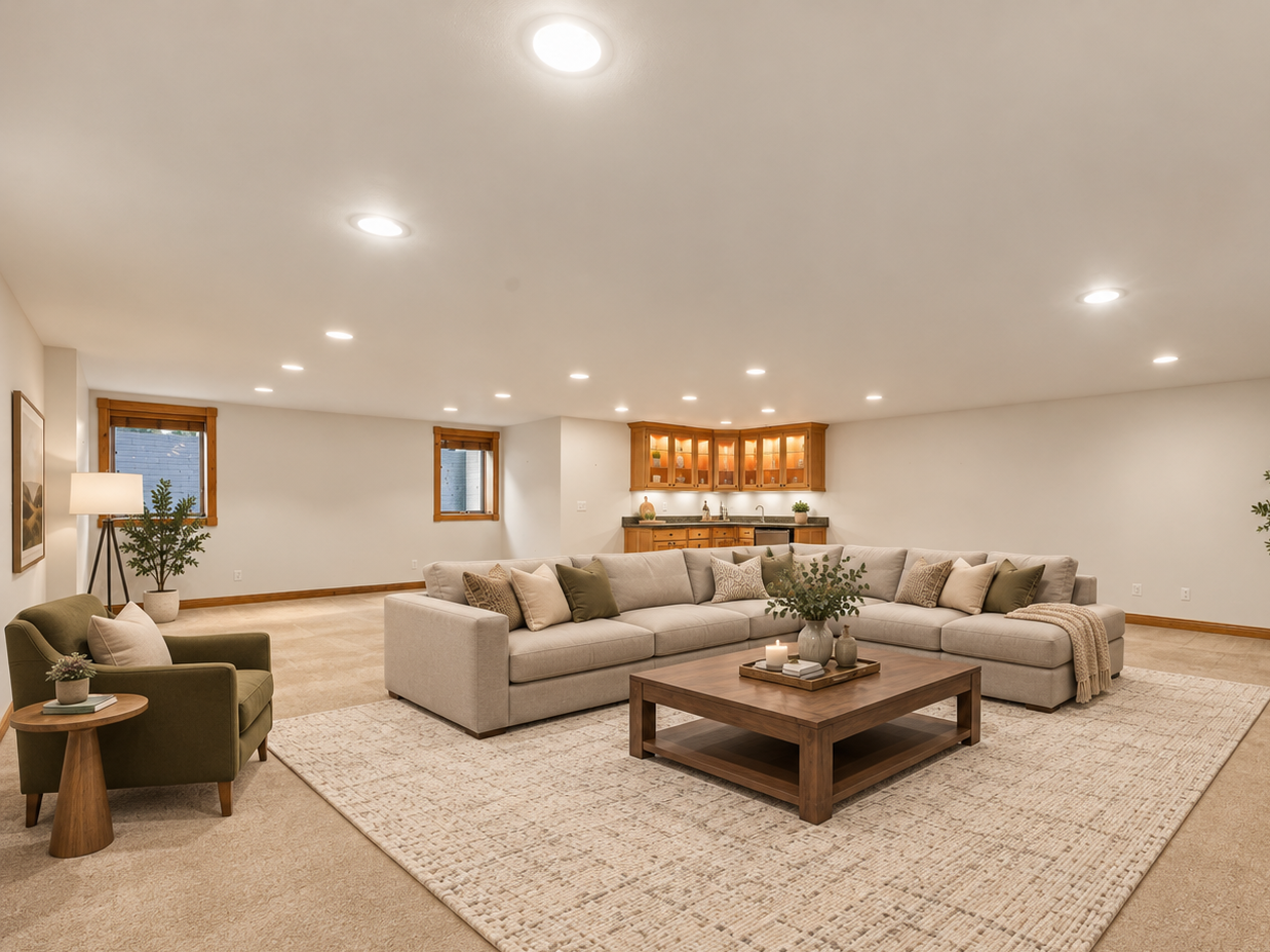 Enormous family room with a full wet bar - Virtually Staged