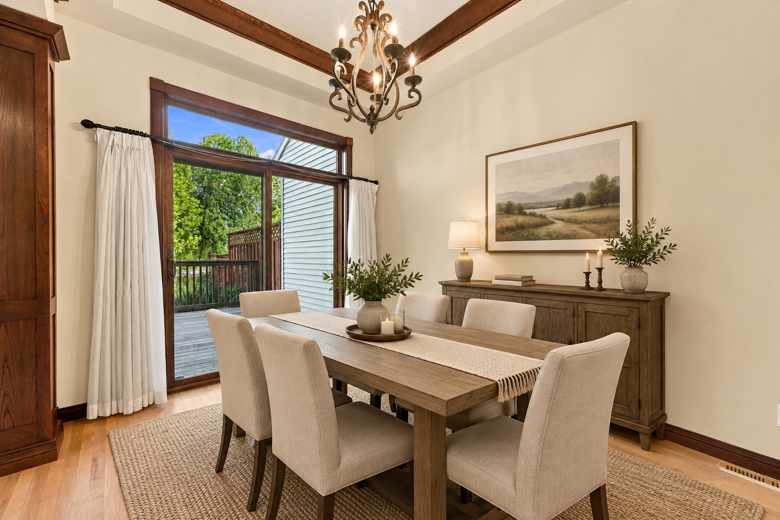 Dining Room leading out to brand new deck - Virtually Staged