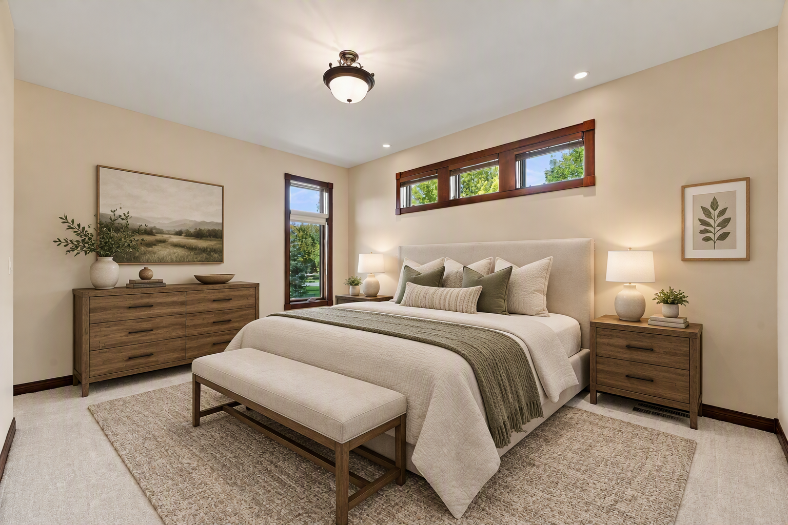 Spacous primary bedroom with great light and privacy - Virtually Staged