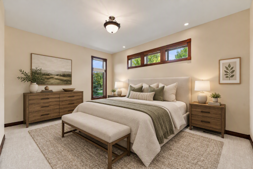 Spacous primary bedroom with great light and privacy - Virtually Staged