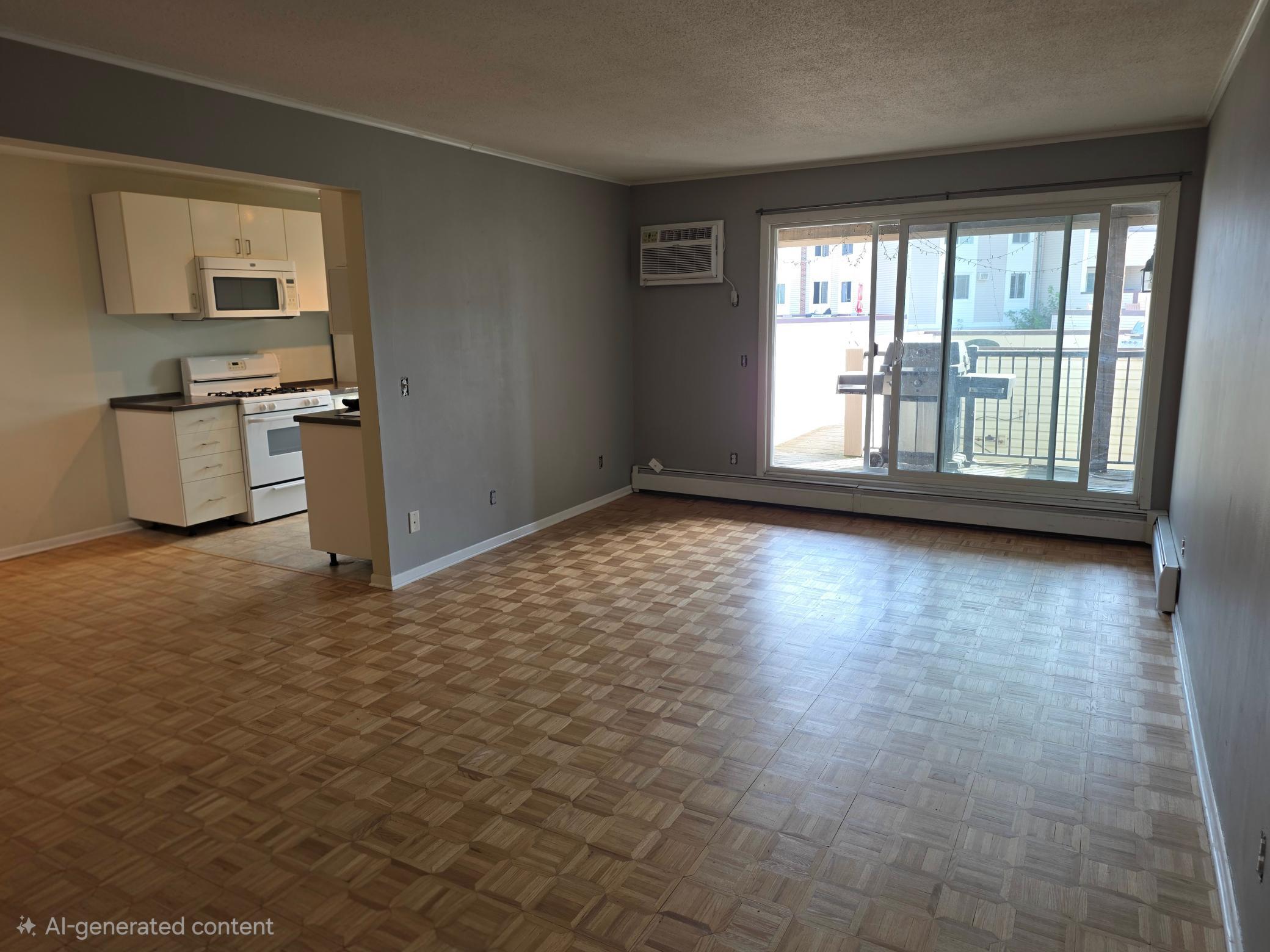 Living and dining room walk out to balcony and walkway to large entertaining area.