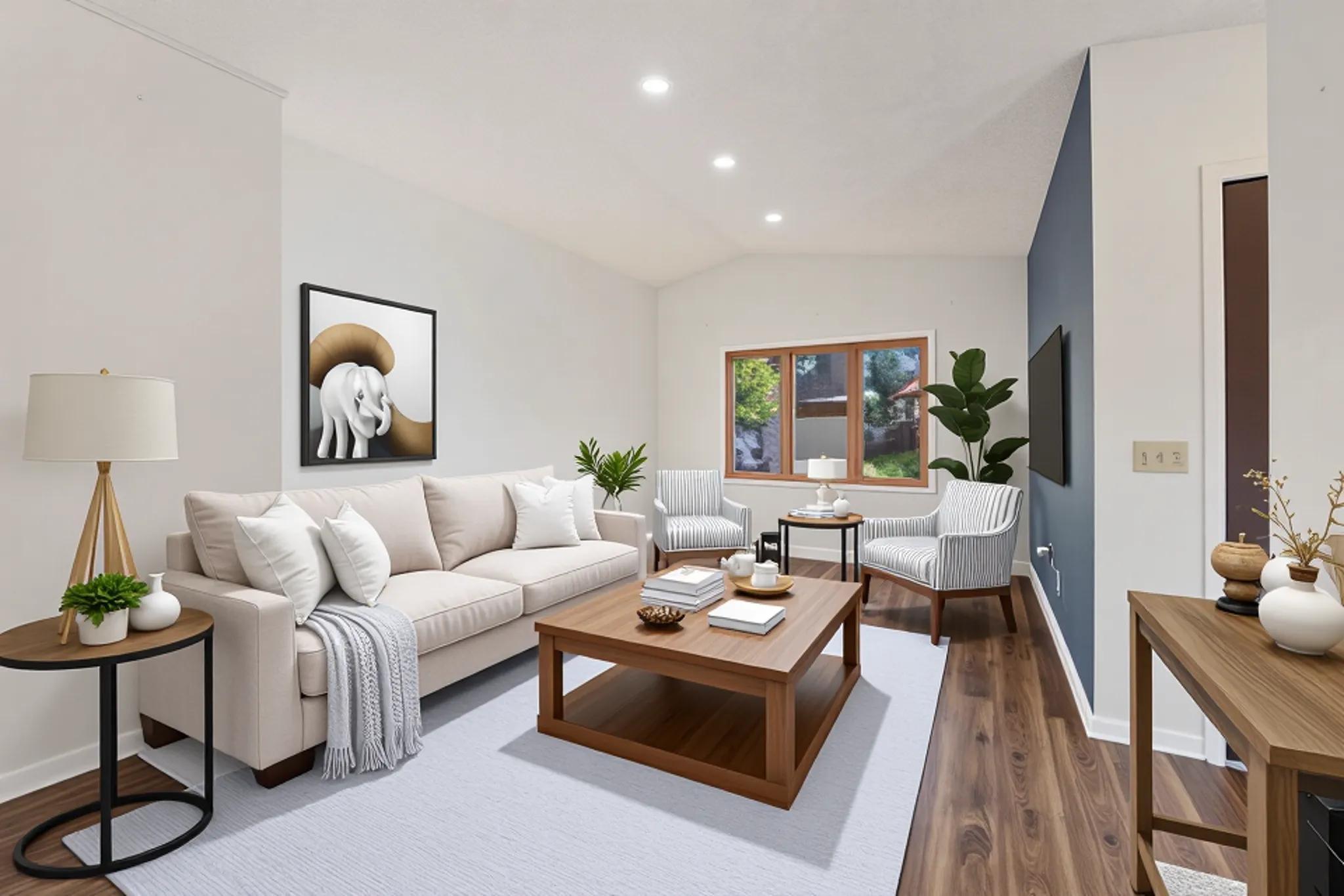 Virtually staged vaulted living room.