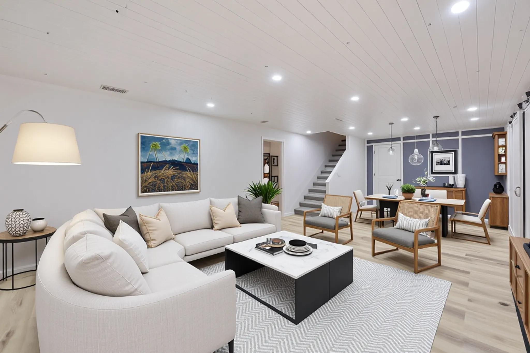 Virtually staged Lower level family room.