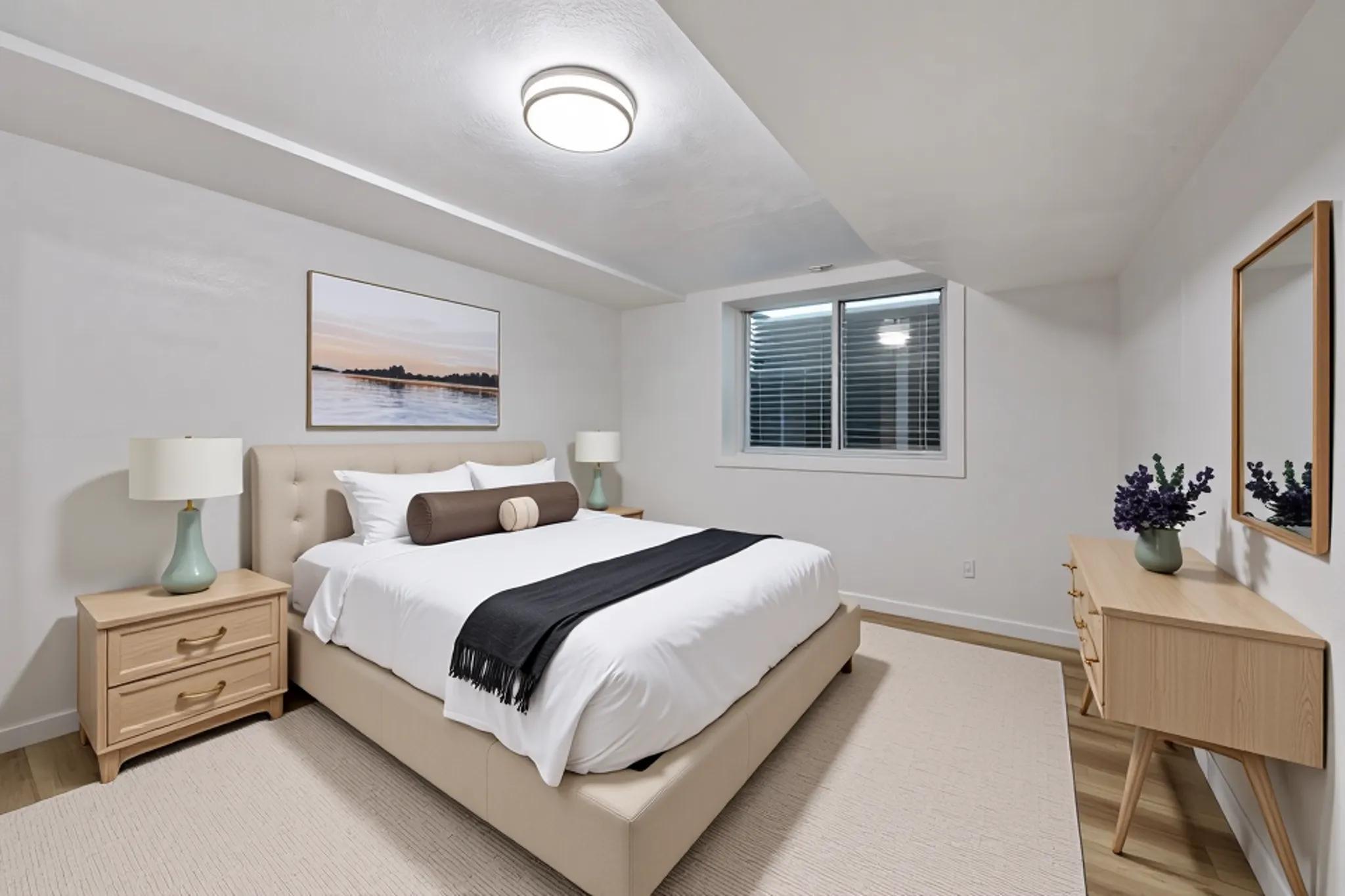 Virtually staged lower level bedroom.
