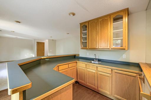 Another view of this impressive wet bar showcases the generous counter space, convenient sink, abundant cabinetry, and glass-front display cabinets perfect for your favorite glassware and collectibles. With plenty of room for preparing refreshments