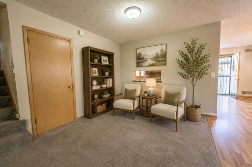This informal dining area off the kitchen is a perfect place for another sitting area on the main level. The door to the left is stairway to the lower level. Virtually staged.