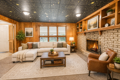 Lower level family room off of the foyer has French doors to close it off and was being used as a home theater. It has a wood burning fireplace. Virtually staged.