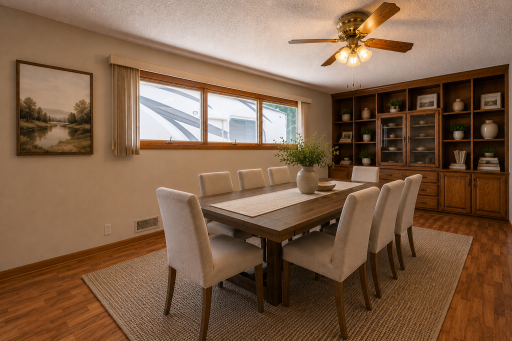 Formal dining room between the kitchen and the living room. Spacious enough for a full dining room set that would seat well over 12 people if you extended it. Virtually staged.