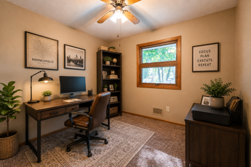 The third bedroom is a perfect Home Office if you need a second space and you don't want to use the informal dining area. All three bedrooms are on the upper level of the home. Virtually staged.