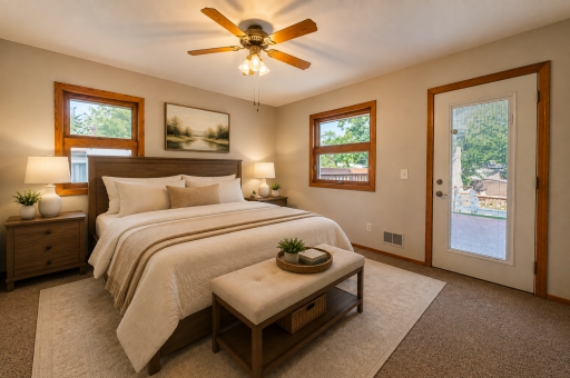 Primary bedroom has a nice sized closet and a door that leads to the deck and a private backyard. Virtually staged.