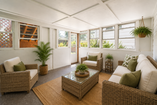 This is the three season porch off the family room in the lower level and it's under the deck off the primary bedroom. Door leads to fenced and private backyard. Virtually staged.