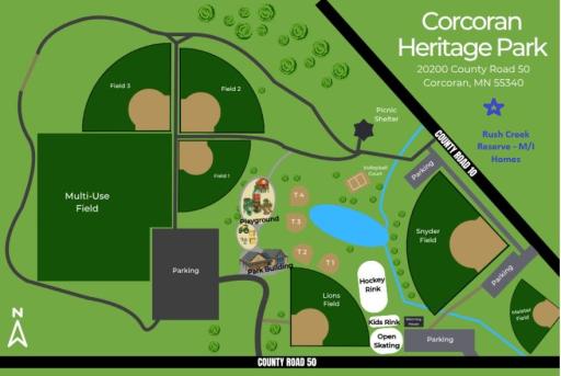 Heritage Park is home to many amenities such as softball fields, tennis courts, multi-use field, volleyball court, playground, pavilion, and warming house and ice rinks during the winter months.