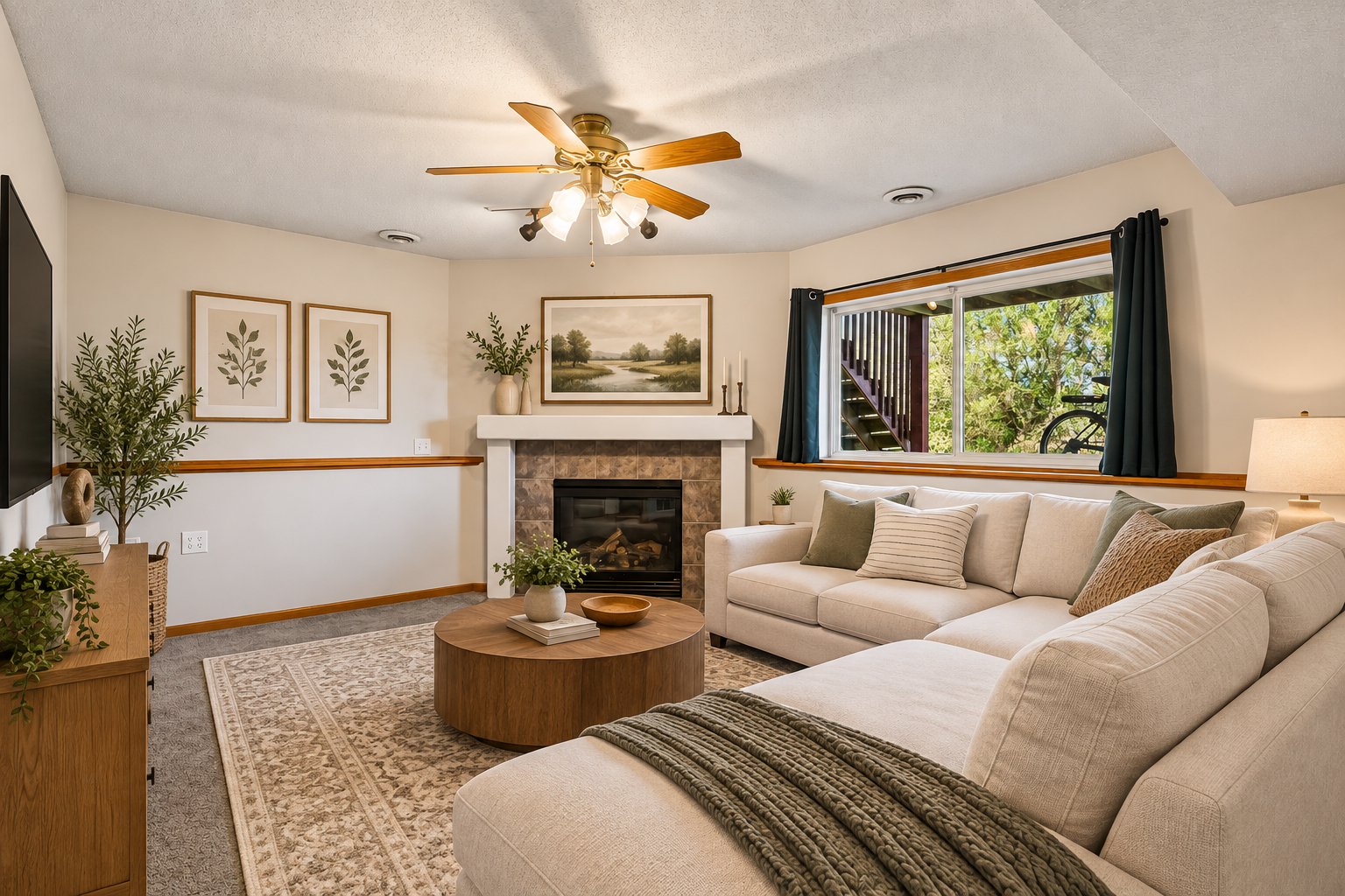 VIrtually Staged LL Family Room with cozy fireplace