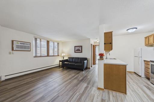 Living Room & Kitchen: Bright, open-concept living space featuring attractive luxury vinyl plank flooring full of abundant natural light.