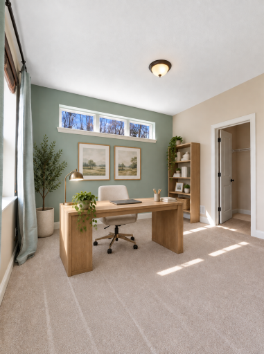 Bright and versatile main-level office featuring abundant natural light, soft neutral finishes, and a calming accent wall.