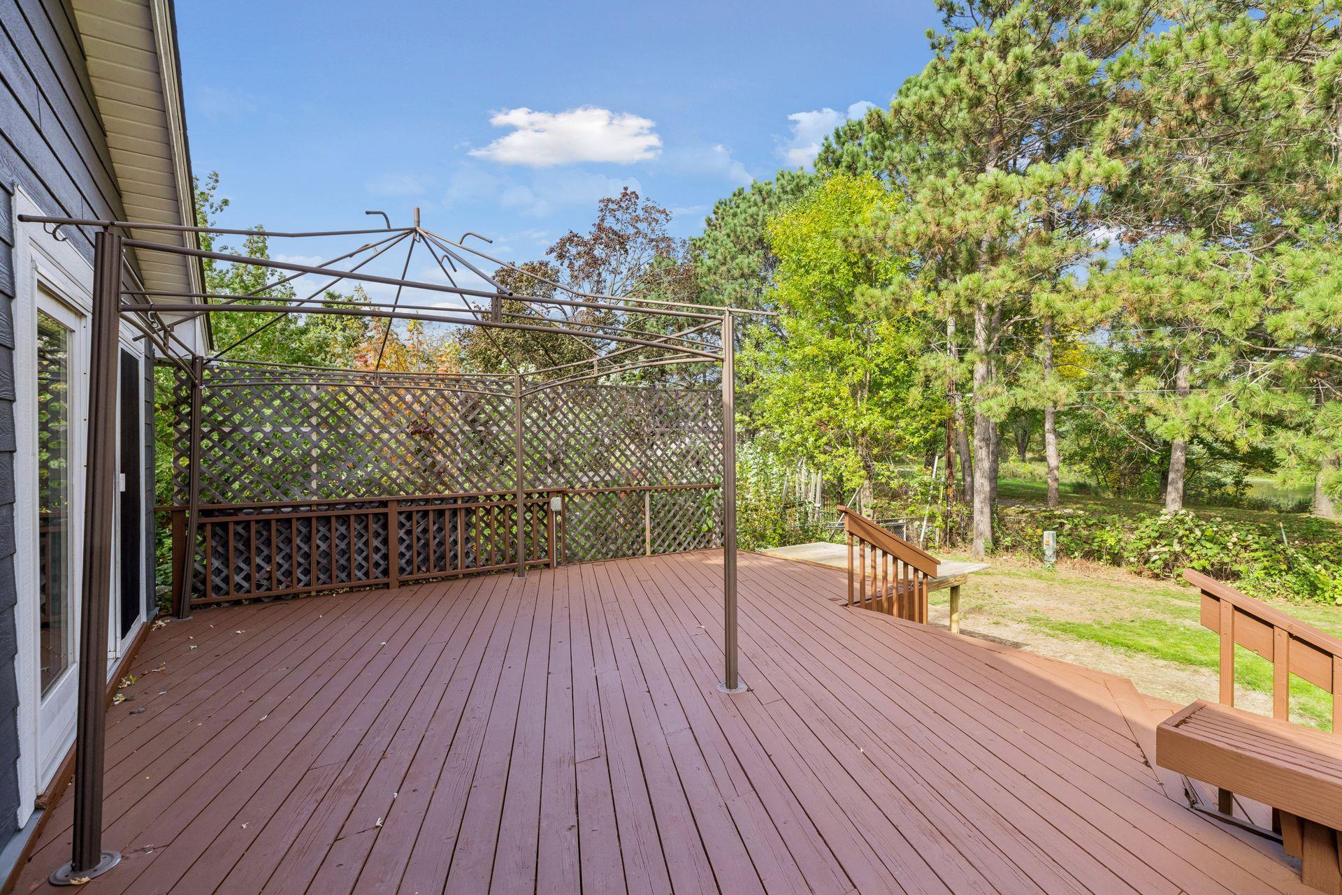 Huge deck overlooking park and pond and walking path