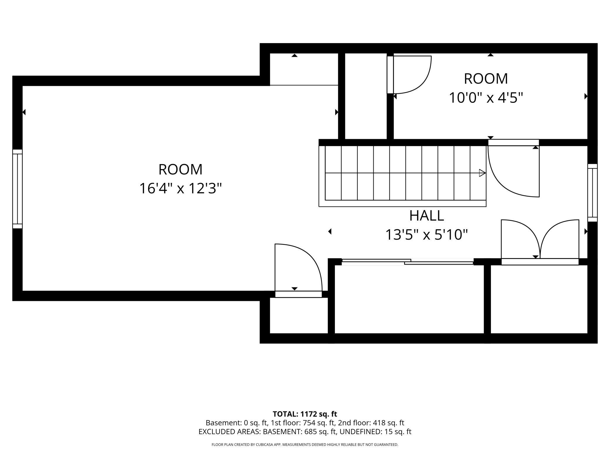 floor plan of upper level of the home - notice the large 16 x 12 bedroom and the large closet.