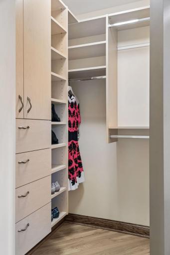 Walk-in closet with built-in drawers, open shelving, and hanging rods.