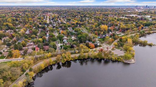 Aerial view of Como Lake and the surrounding Como Park neighborhood of St. Paul in fall color.