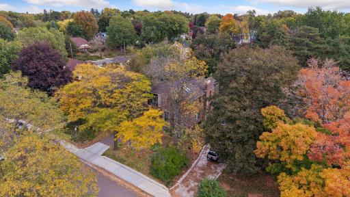 Aerial view of the home among mature trees on East Como Boulevard in St. Paul.