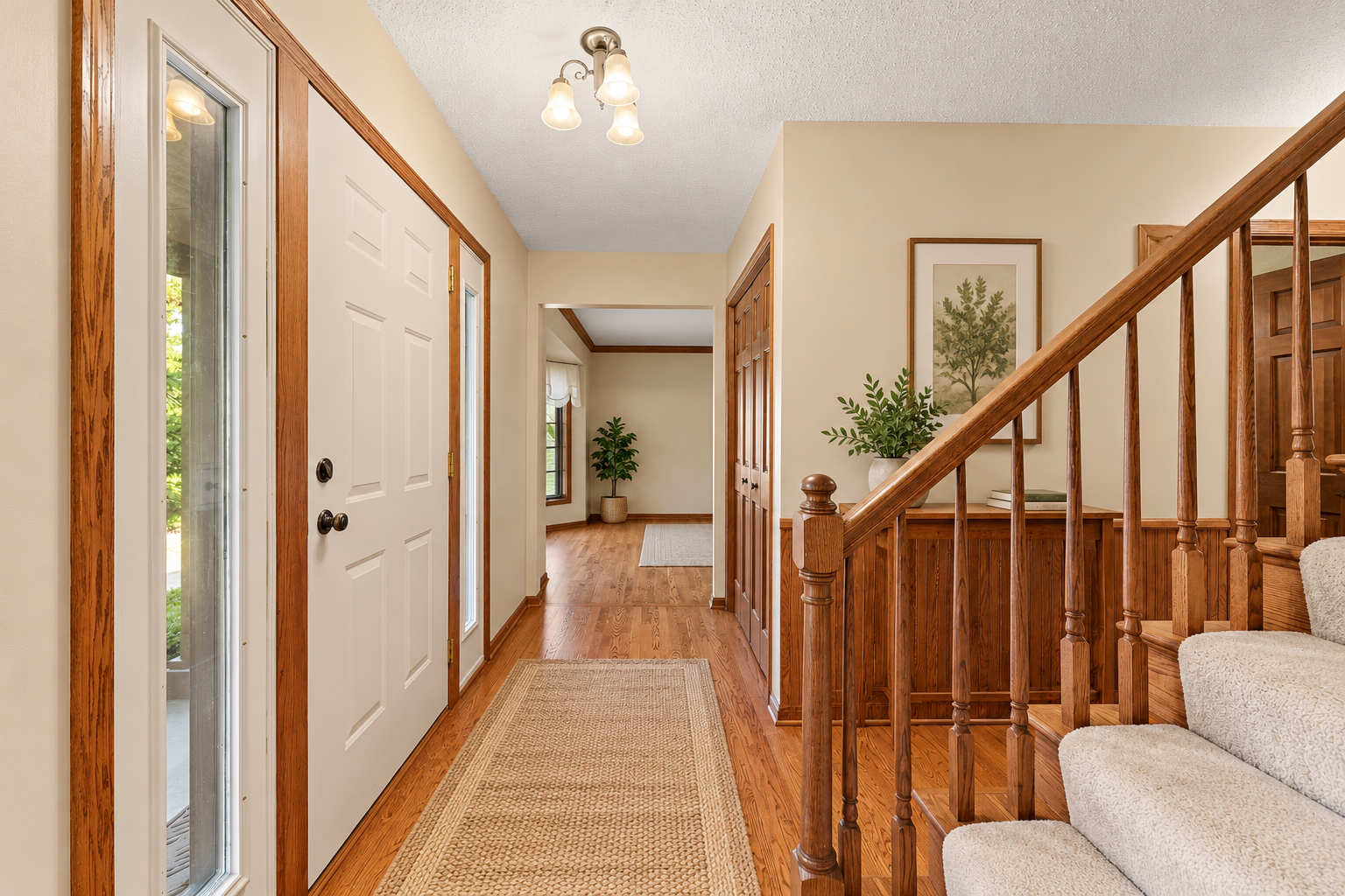 Warm Oak Entryway with Staircase and Greenery.png