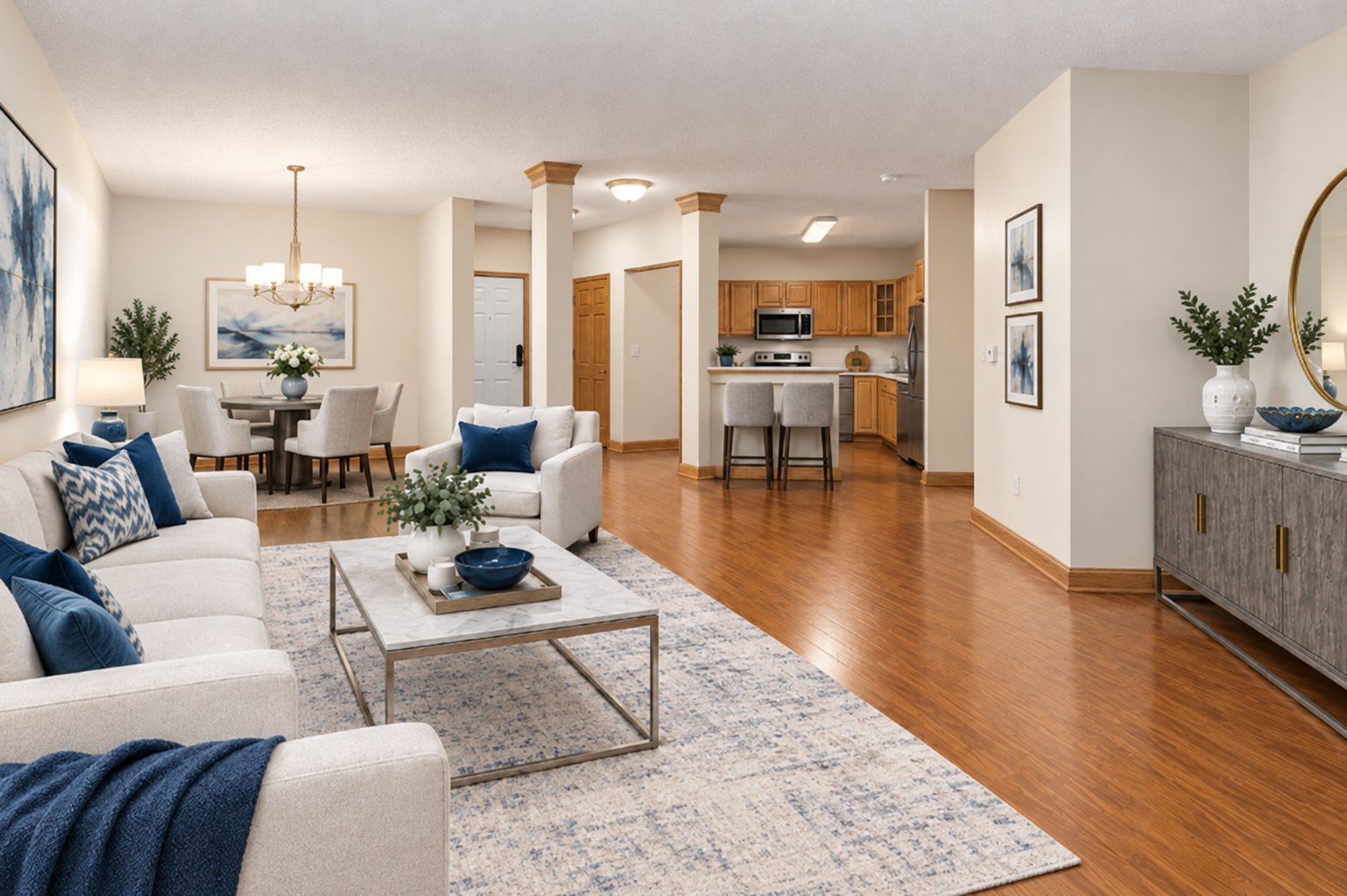 Living/Dining/Kitchen virtually staged