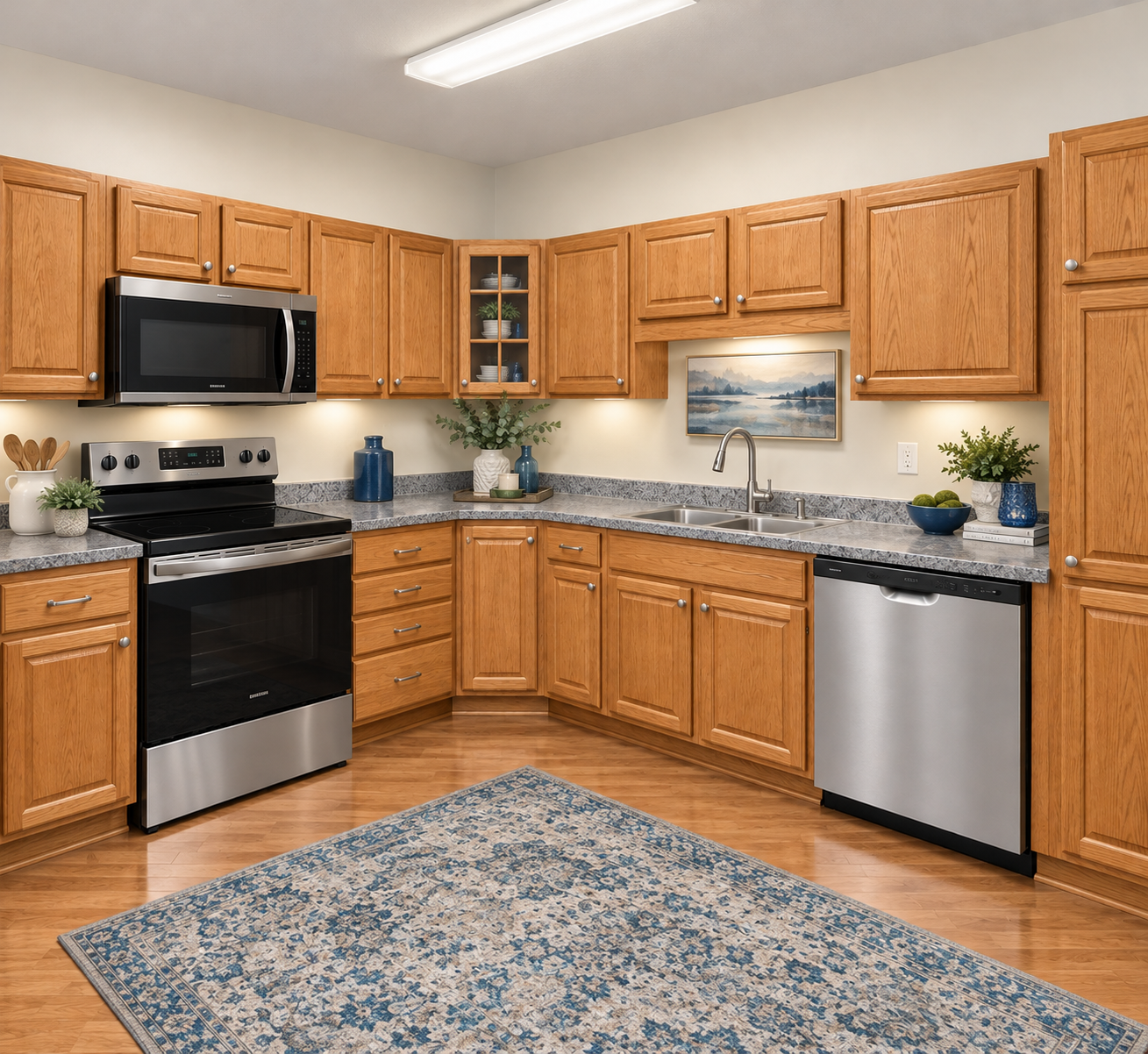 Kitchen with new stainless steel appliances. Virtually staged