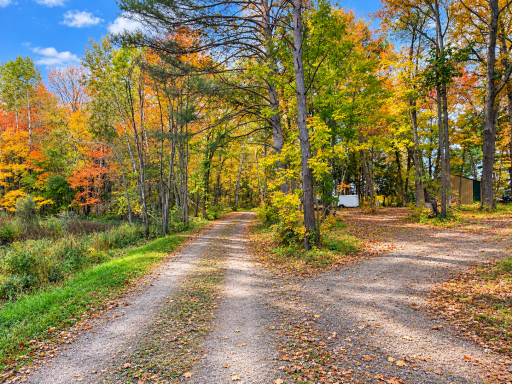 A long, private driveway enhanced into a convenient circular drive, allowing vehicles towing boats or trailers to enter, turn around, and exit without the need to back down the driveway