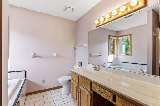 Spacious primary bath featuring a jetted soaking tub and a separate walk-in shower for a spa-like retreat.