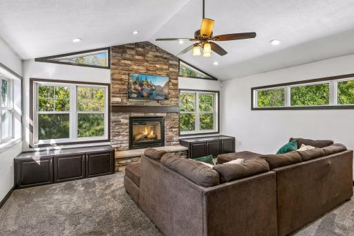 Living Room W/ Vaulted Ceilings & Fireplace
