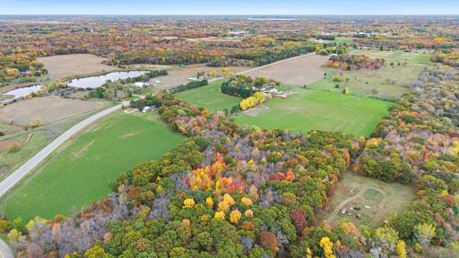 A picturesque landscape featuring expansive green fields, mature trees, and vibrant wooded areas that provide a beautiful natural backdrop