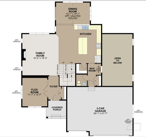 Main floor features den, open kitchen, dining, and living areas.