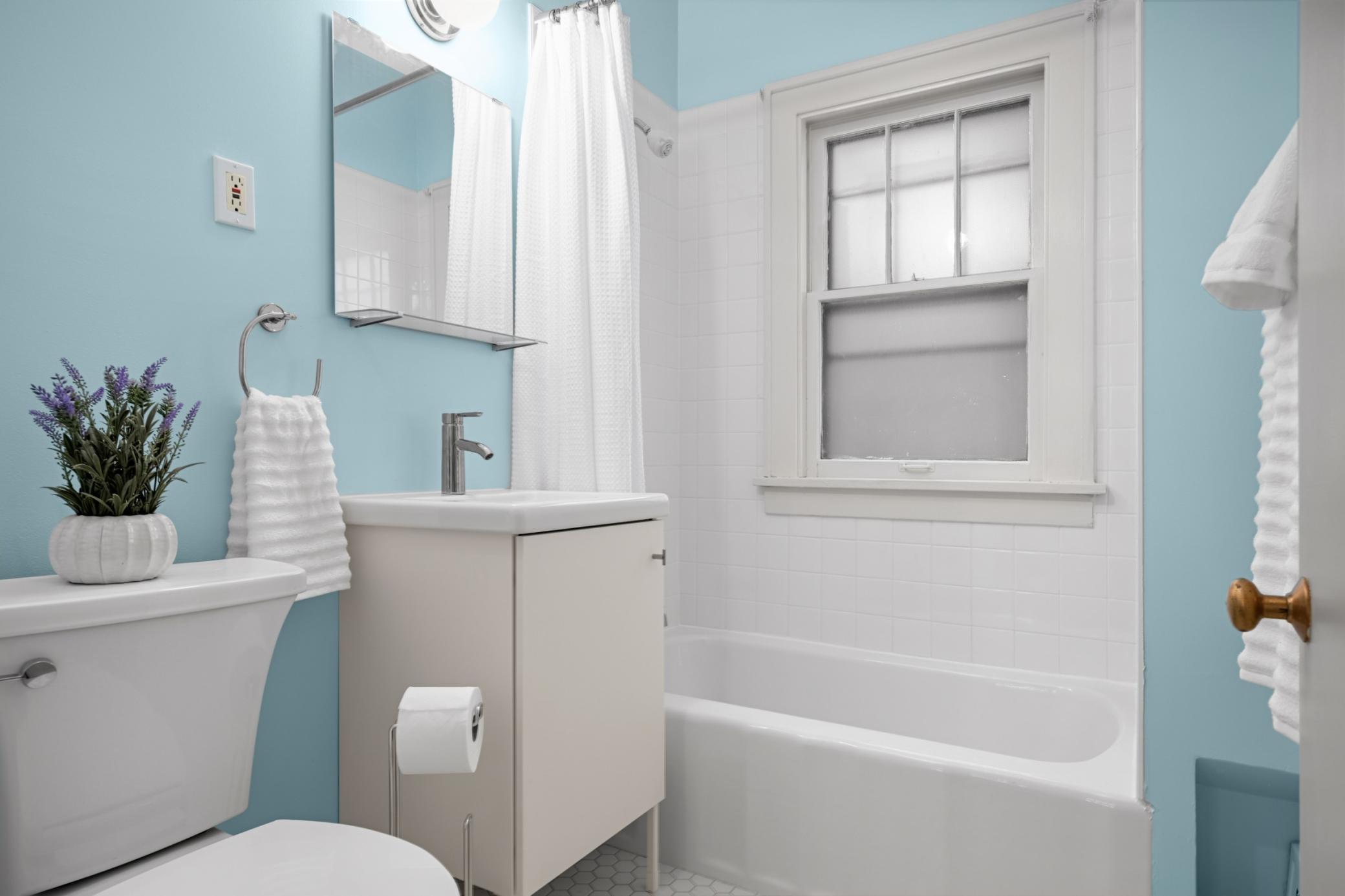 Completely updated bathroom, with tiled shower in 2026.