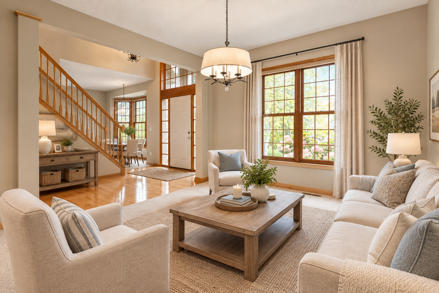 Warm Neutral Living Room Retreat-Virtually staged