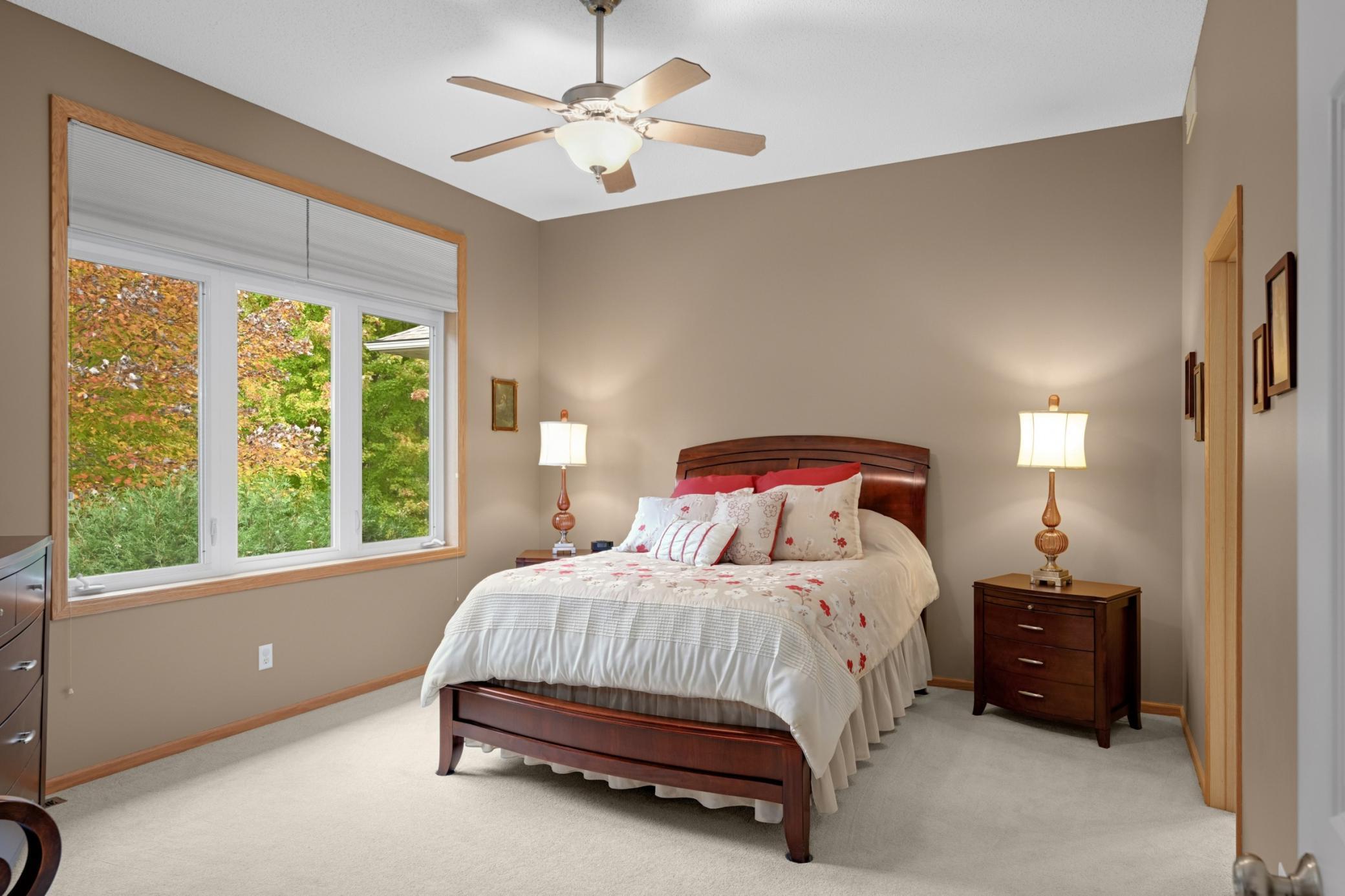 Spacious main-level Owner's Suite with a large window overlooking the wooded setting. Plenty of room for your bedroom furniture, with a ceiling fan and neutral décor.