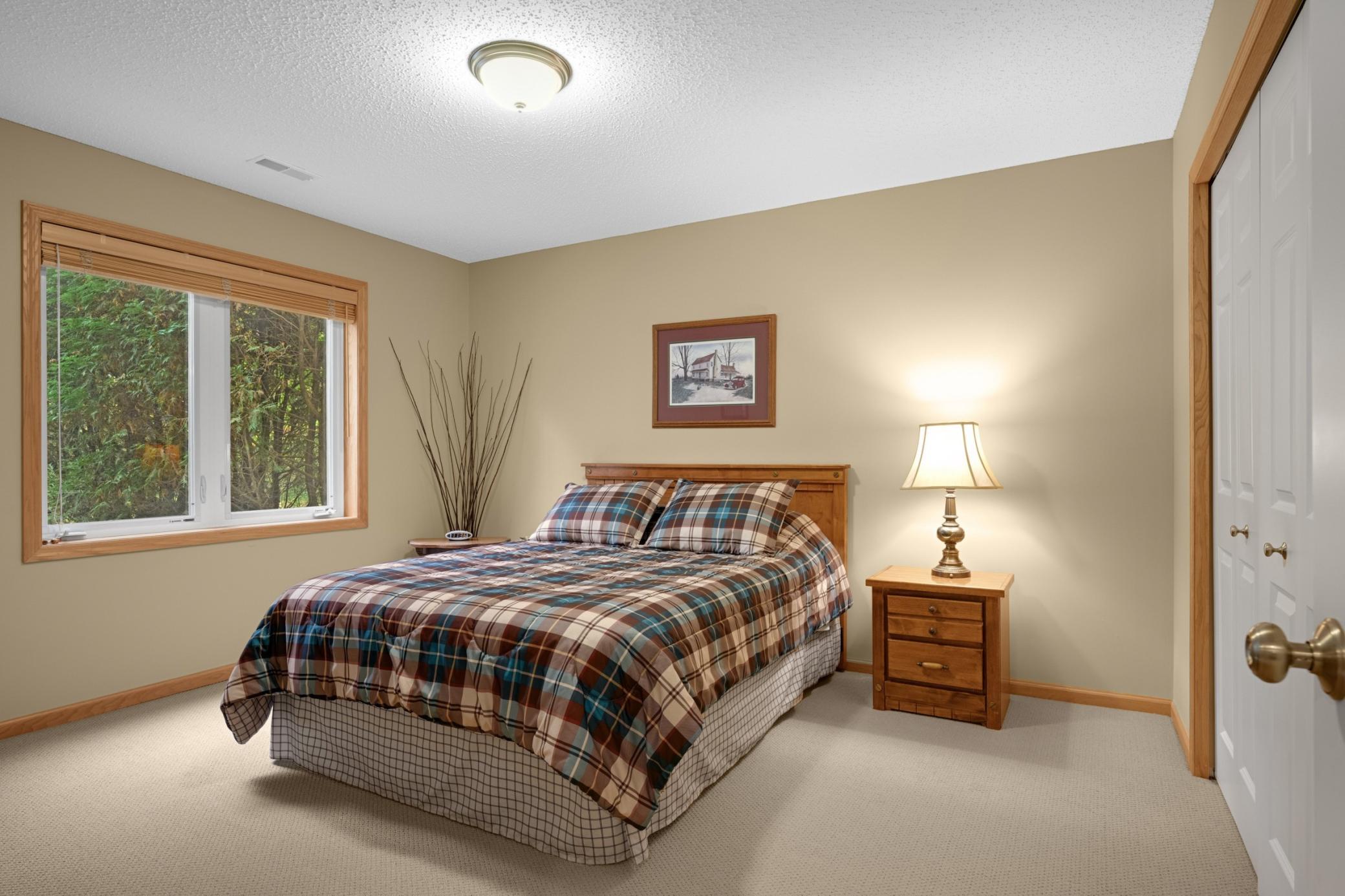 Another comfortable Lower-Level Bedroom with a large window overlooking the trees and a double-door closet. Great space for overnight guests, hobbies or a second Home Office.