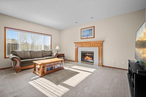 The living room is filled with natural light and features a cozy gas fireplaceâthe perfect spot to relax and unwind.