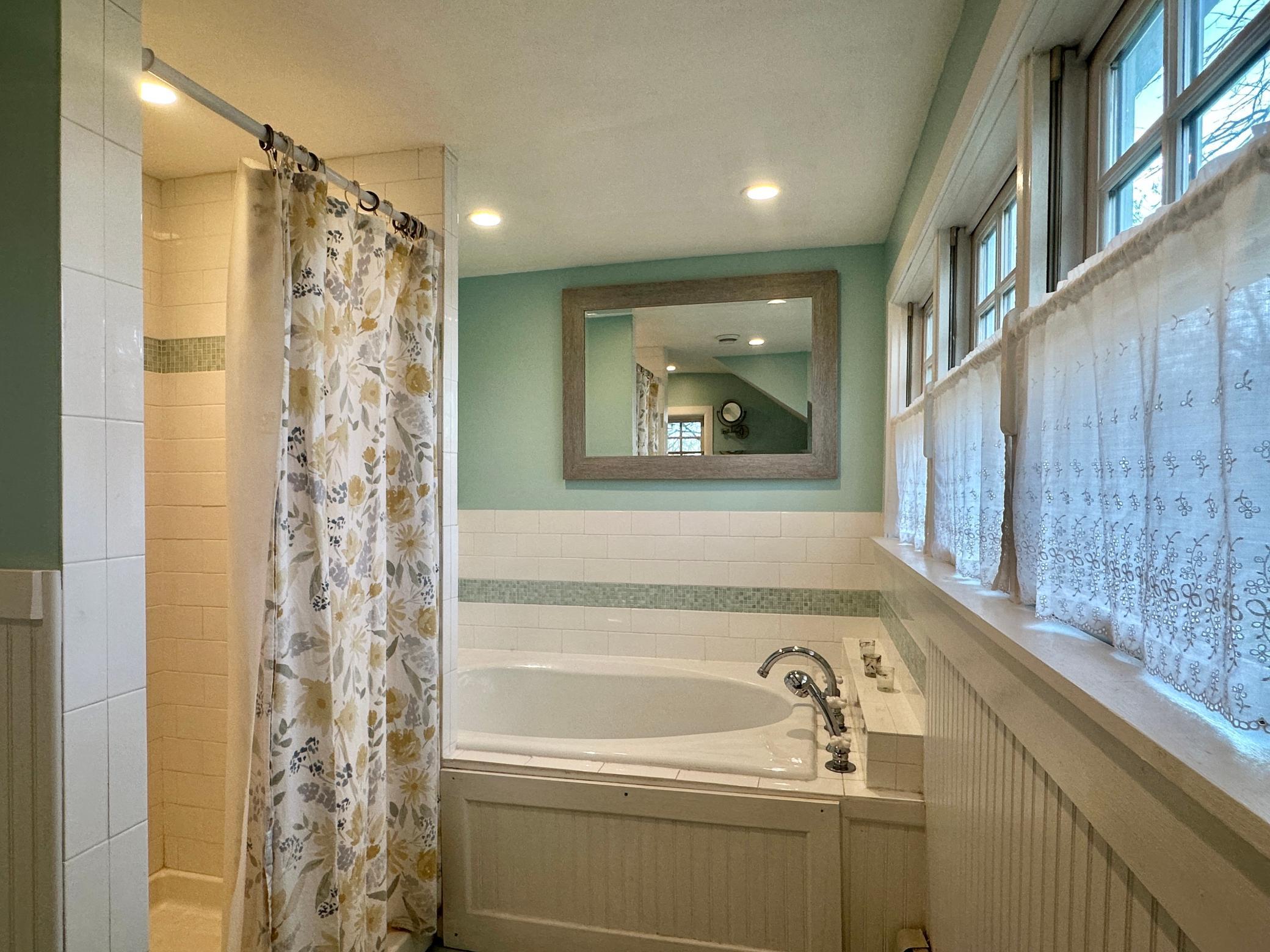 This bath has a walk in shower and wonderful soaking tub.