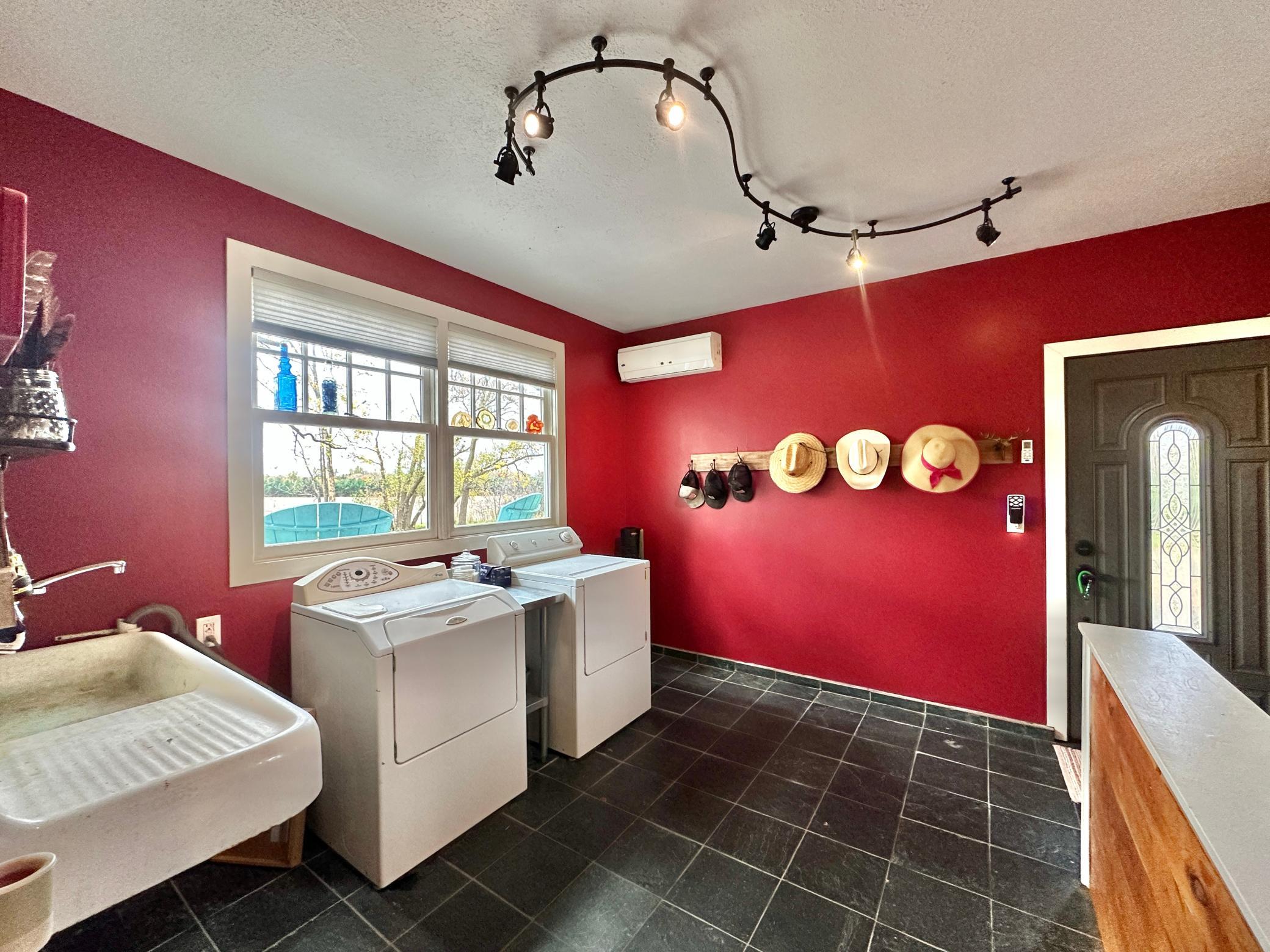 This room is fun and full of color and has a slate tile floor.