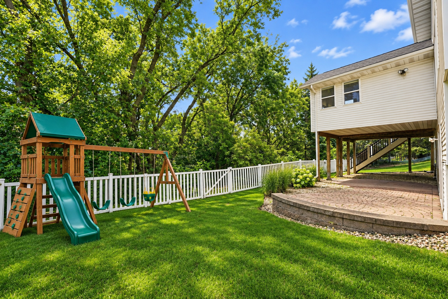 Virtually staged to show option to add a play set to the backyard!