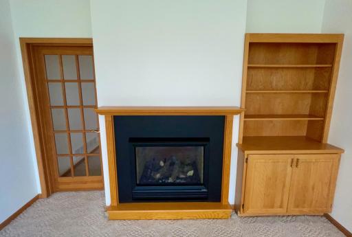 Den with fireplace, cabinets and French door for additional privacy