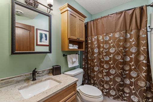 Lower level bath for guests and the entertainment area.