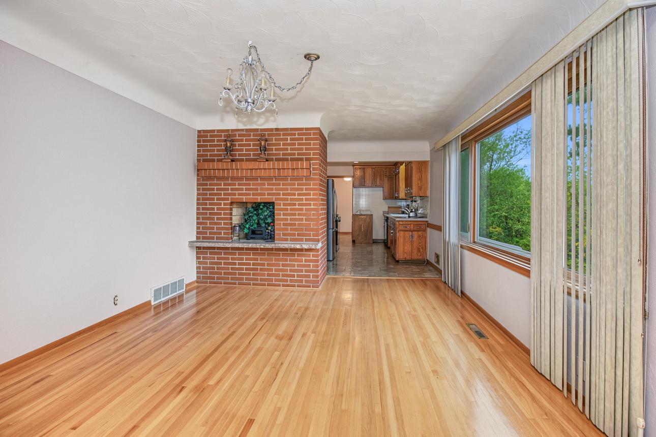 Brick, wood burning fireplace