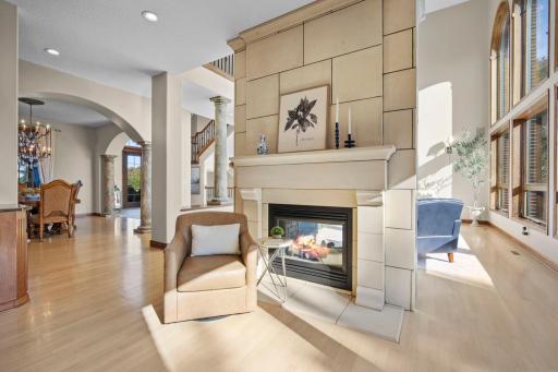 Hearth room has double sided, see-through fireplace to great room