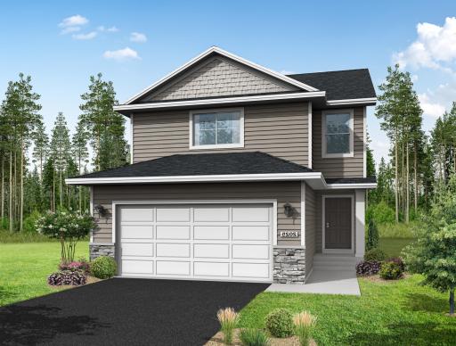 Rendering showcases stone accents. Home features a walkout lower level ready for future finish. Rendering may not depict exact color match and plan, materials, and finishes. Exterior color scheme will be different than shown on rendering.