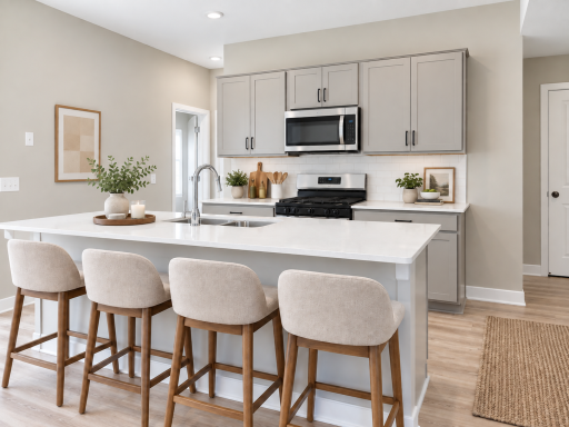 The impressive 7-foot center island provides ample prep space, seating for four, and serves as the heart of this stylish, open-concept kitchen. *Photo of similar home. Virtually staged.