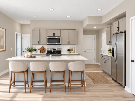 Bright and inviting kitchen featuring a large center island with seating, quartz countertops, stylish cabinetry, and stainless steel appliances. *Photo of similar home. Virtually staged.