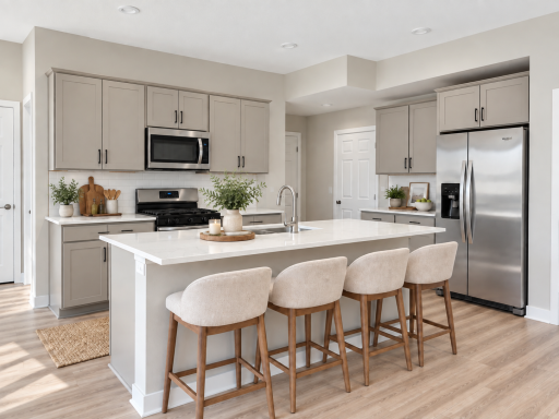 The spacious kitchen features an oversized island with seating for four, making it the perfect spot for morning coffee, meal prep, and gathering with family and friends. *Photo of similar home. Virtually staged.