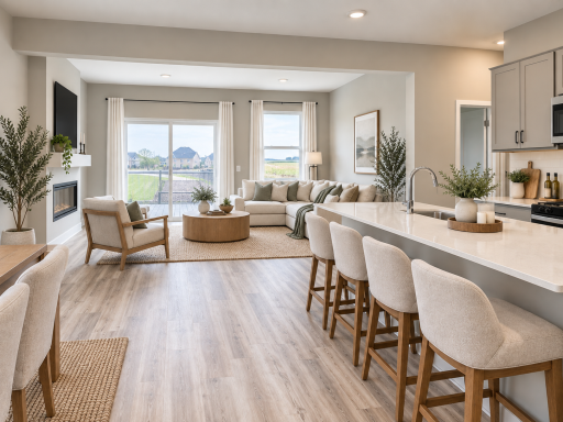 Enjoy seamless flow between the kitchen, dining area, and great room in this open-concept design. *Photo of similar home. Virtually staged.
